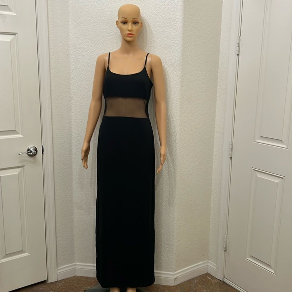Curves Dress Medium Black Scoop Neck Sheer Waist Spaghetti Strap Slit Back Sexy